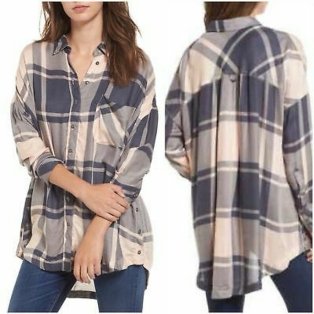 Free People Navy and Cream Plaid Button-Down Shirt